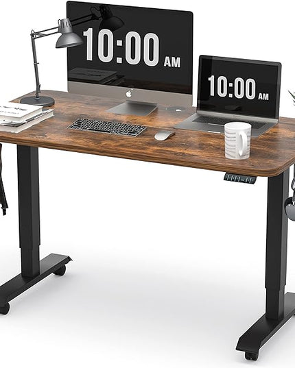 Monomi Electric Height Adjustable Standing Desk, 48x24 Inches, Ergonomic Home Office Sit/ Stand Up Desk (Black Steel Frame/Rustic Brown Top) - LeafyLoom