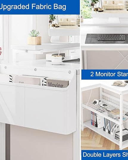 L Shaped Computer Desk with Power Outlets & LED Light, 49.6" Reversible Corner Computer Desk with Storage Shelves & Monitor Stand, Home Office Desk, Gaming Desk, Writing Desk (White) - LeafyLoom
