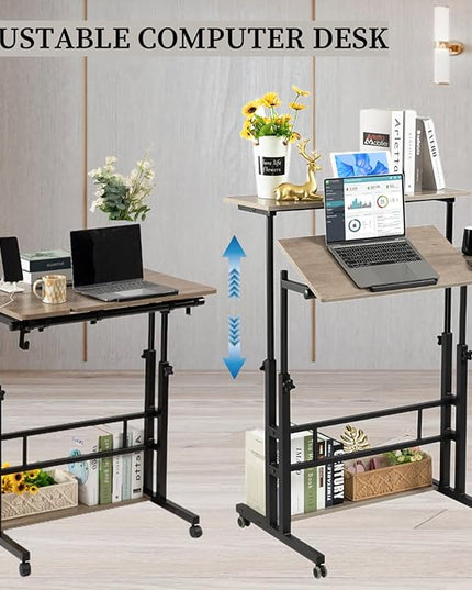 Hadulcet Stand Up Desk, Rolling Desk Adjustable Height, Mobile Standing Desk with Wheels & Charging Station Grey or Rustic Brown - LeafyLoom