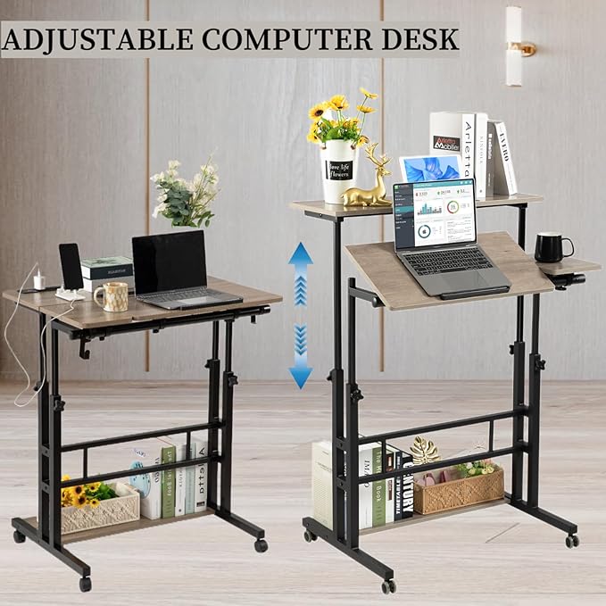 Hadulcet Stand Up Desk, Rolling Desk Adjustable Height, Mobile Standing Desk with Wheels & Charging Station Grey or Rustic Brown - LeafyLoom