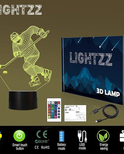 Hockey Night Light, Ice Hockey Player 3D Illusion Lamp for Boys Room Decor with Remote + Touch 16 Colors Flashing Changing Desk Lamps for Kids Sport Fans Birthday Xmas Cool Gifts - LeafyLoom