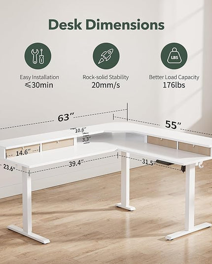 FEZIBO 63" L Shaped Standing Desk with 4 Drawers, Electric Standing Gaming Desk Adjustable Height, Corner Stand up Desk with Splice Board, White Frame/White Top - LeafyLoom