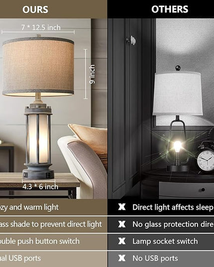 Set of 2 Rustic Table Lamps for Living Room, Farmhouse Vintage Nightstand Lamp with 2 USB Ports, Antique Retro Light Green Glass Night Light for Bedroom Entryway, 4 Bulbs Included… - LeafyLoom