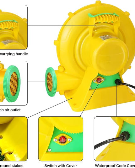 Bounce House Blower, 750W 1HP Commercial Air Blower with Double-Sided Fan Blade Design, Strong Wind and Great Heat Dissipation Properties for Medium and Large Bouncy Castle, Jump Slides, Arch - LeafyLoom