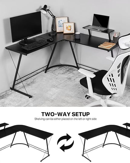 MoNiBloom L Shaped Gaming Desk Computer Corner Table with Metal Frame, L Desk Workstation for Home Office, Space-Saving, Black - LeafyLoom