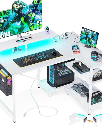 ODK 40 Inch Gaming Desk with USB Charging Ports and LED Lights, Reversible L Shaped Computer Desk with Storage Shelves & Monitor Stand, Corner Home Office Desk Table with Power Outlets, White - LeafyLoom