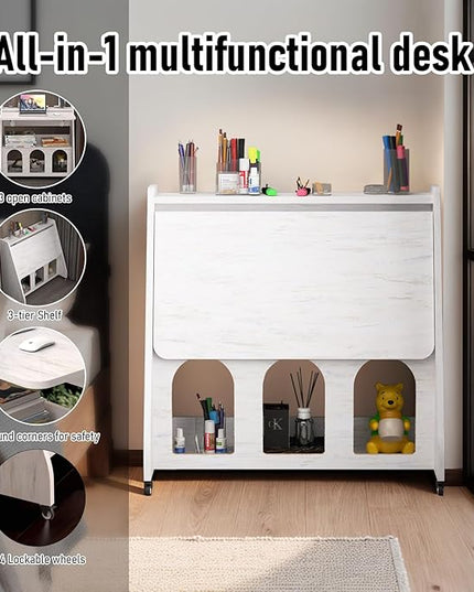 Pmnianhua Farmhouse Portable Desk on Wheels,Mobile Workstation,Rolling Computer Desk with Wheels and Storage for Home Office Small Space(white) - LeafyLoom