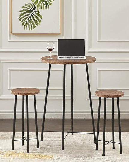 VECELO Small Bar Table and Chairs, Round Bistro Sets with 2 barstools, 3-Piece Pub Dining Furniture, Counter Height Wood Top for Breakfast Dinner Coffee Nap Conference, Easy Assembly, Brown - LeafyLoom