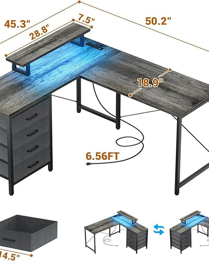 Homieasy L Shaped Desk with Drawers & Power Outlets, Reversible Computer Desk with LED Light and Monitor Stand, 50 Inch Home Office Gaming Work Study Desk with 4 Storage Drawers, Black Oak - LeafyLoom