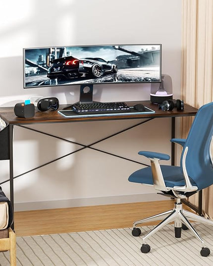 MoNiBloom Home Office Gaming Desk, 55 Inches Computer Study Table with A Storage Bag, Rustic Brown - LeafyLoom
