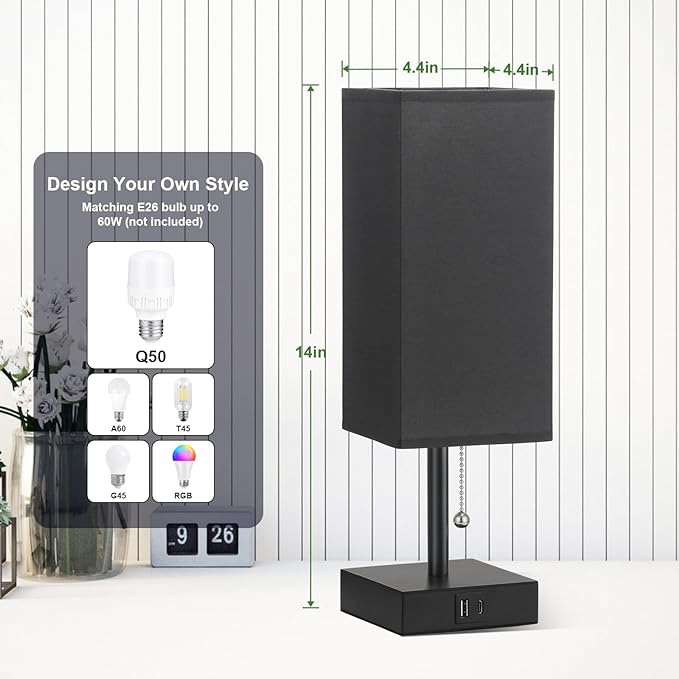 aooshine Table Lamps Set of 2 - Black, USB A and USB C Charging, Pull Chain Control, Bulb NOT Included, Small - LeafyLoom