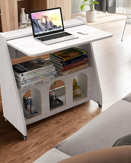 Pmnianhua Farmhouse Portable Desk on Wheels,Mobile Workstation,Rolling Computer Desk with Wheels and Storage for Home Office Small Space(white) - LeafyLoom