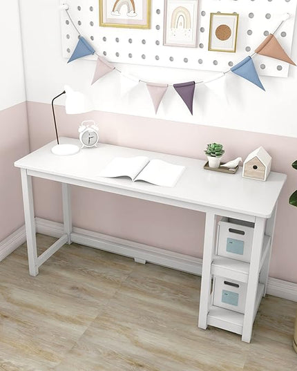 Max & Lily Solid Wood Desk With Shelves, 55 Inches, White - LeafyLoom