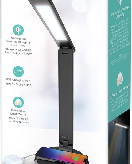 iHome Desk Lamp with Charging Station, Reading Light with Wireless Charging and USB Charging – Black (ILW200B) - LeafyLoom