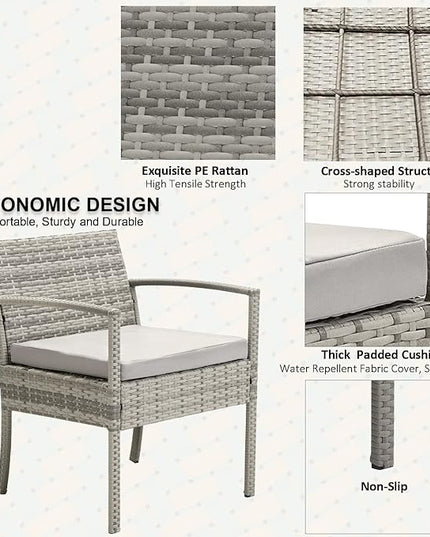 3 Pieces Patio Furniture Set, Balcony Furniture, Patio Bistro Set All-Weather Wicker Chairs Conversation Set with Cushions Table for Outdoor Backyard Porch Lawn (Grey-Grey) - LeafyLoom