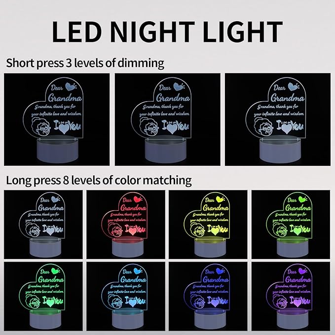 Night Light Gifts for Grandma: Engraved Acrylic LED Rechargeable Night Lamp with 3 Level of Dimming and 10 Color Modes-Grandmother's Birthday Christmas Mothers Day Gifts from Grandchildren - LeafyLoom
