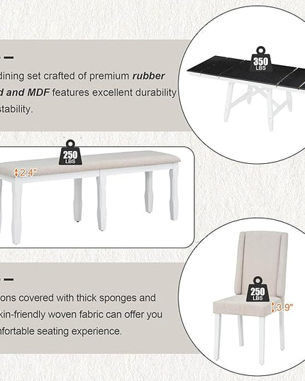 RITSU SONGG Farmhouse 6-Piece Dining Set, Included Solid Wood Rectangular Extendable Table with Two 12" W Removable Leaves and 4 Upholstered Chairs & a Bench, Home Kitchen Furniture, White+Black - LeafyLoom
