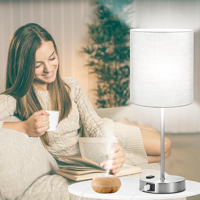 ๐ฎ๐ฌ๐ฎ๐ฏ ๐ก๐๐ช Set of 2 Touch Grey Table Lamps with 2 USB Ports & AC Outlet, 3-Way Dimmable Bedside Nightstand Lamps for Bedroom Living Room Nursery, 800 Lumens 5000K Daylight Bulbs Included - LeafyLoom