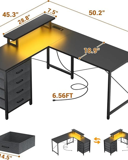 Homieasy L Shaped Desk with Drawers & Power Outlets, Reversible Computer Desk with LED Light and Monitor Stand, 50 Inch Home Office Gaming Work Study Desk with 4 Storage Drawers, Black - LeafyLoom