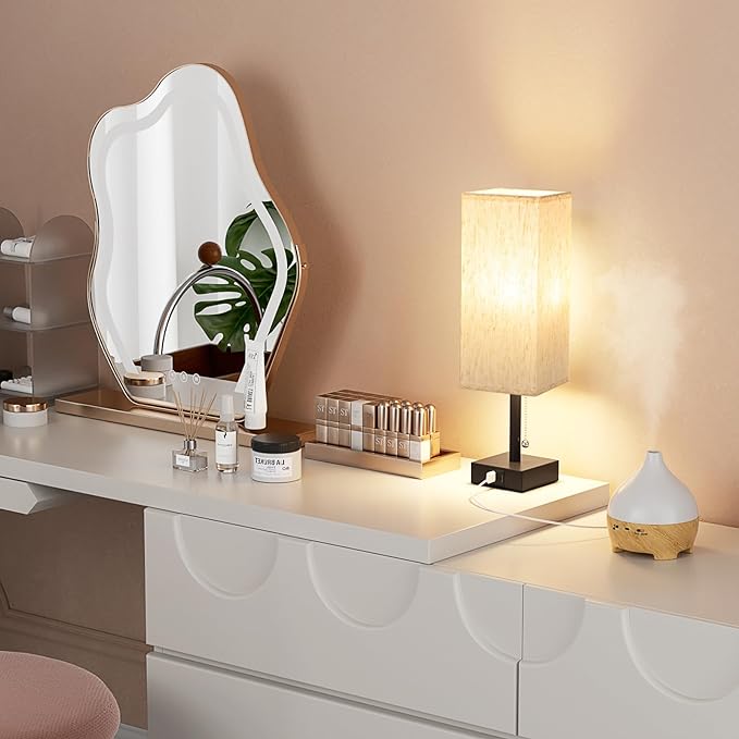 Pull Chain Small Table Lamp for Bedroom with USB Ports, 3 Color Temperature Bedside Lamp for Kid's Room Office - LeafyLoom