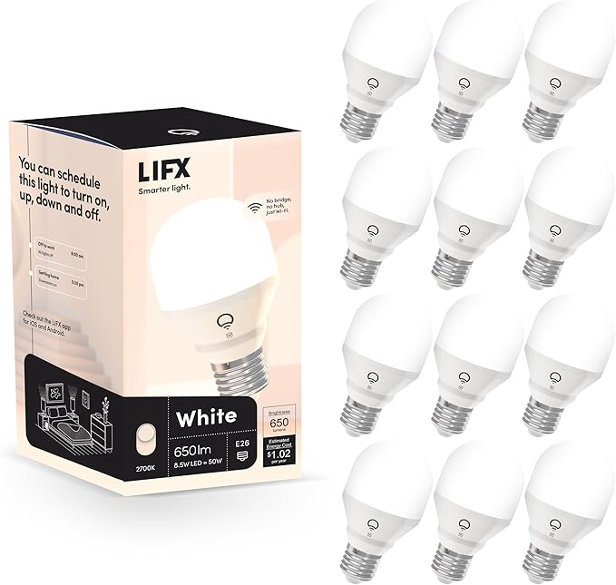 LIFX White A19 WiFi Smart LED Light Bulb, Dimmable, No Hub Required, Works with Alexa and Apple Home Kit, Hey Google, 2700k Warm White, 650 Lumens, 25,000-hour Lifetime, L3A19LW06E26US/12, 12 Pack LIFX