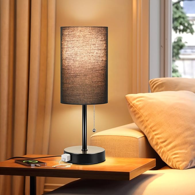 Dott Arts Table Lamp for Bedroom, 3-Color Bedside Lamps with Pull Chain, Bedroom Table Lamps for Nightstand,Small Lamp for Living Room, Bulb Included Black - LeafyLoom