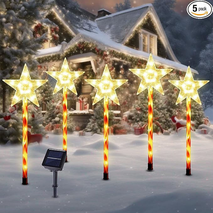 Solar Christmas Pathway Lights Outdoor Decorations, 8 Modes Star Candy Lights Waterproof Led Garden Stake Lights for Walkway Yard Lawn Porch Holiday Decor 5-Pack (Warm White Star Lights) BRIGHTDECK