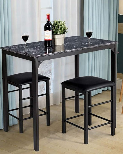 ARLIME 3-Piece Dining Table Set, 2 Chairs and 1 Table with Faux Marble Tabletop, Indoor Modern Dining Table Furniture Set with Metal Frame, for Kitchen, Dining Room, Bar (Black) - LeafyLoom