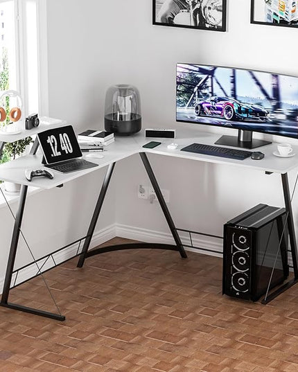 MoNiBloom L Shaped Computer Desk Corner Table with Metal Frame, L Desk Workstation for Home Office, Space-Saving, White - LeafyLoom