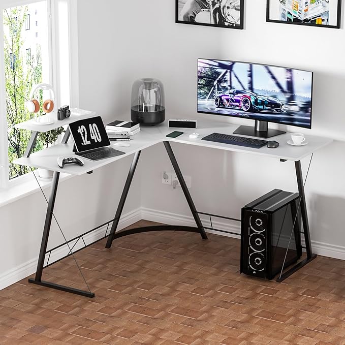 MoNiBloom L Shaped Computer Desk Corner Table with Metal Frame, L Desk Workstation for Home Office, Space-Saving, White - LeafyLoom