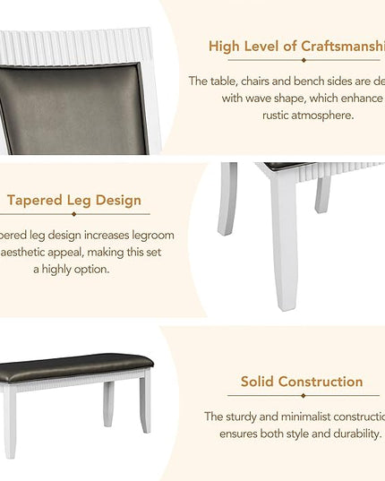 6-Piece Wood Dining Table Set with 4 Upholstered Chairs and Bench, for Kitchen Living Room, Farmhouse Rustic Style, 60" L x 36" W x 30" H, White+Gray(PU Leather) - LeafyLoom