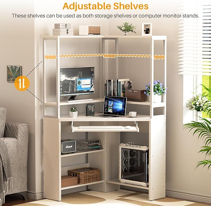 Cyclysio Small Corner Desk with Hutch, Heavy Duty Corner Computer Desk with Power Outlets & LED Light, Triangle Corner Gaming Desk with Keyboard Tray for Home Office, Small Space, Workstation White - LeafyLoom