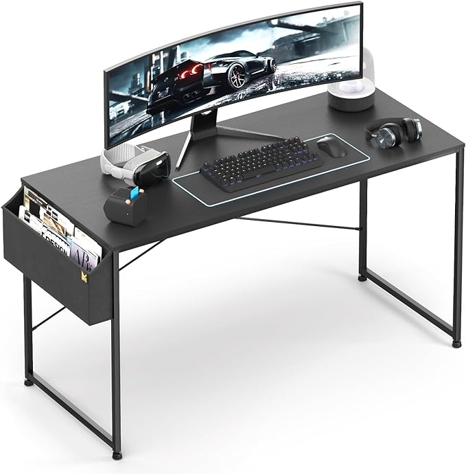 MoNiBloom Computer Desk 55", Simple Style Home Gaming Desk with Storage Bag, Office Writing Workstation- Black - LeafyLoom