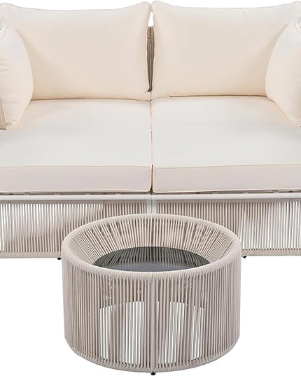 2-Piece Sunbed and Coffee Table, Patio Double Chaise Lounger Loveseat Daybed Outdoor Furniture Set for Backyard Poolside Lawn Balcony, Full, Ac-Beige - LeafyLoom