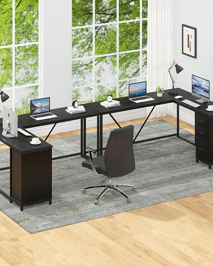 HSH Large Black L Shaped Desk, Corner Wood Computer Desk with Drawer, Modern Work Home Office Desk with Storage Cabinet, Industrial Executive PC Study Writing Desk for Living Bedroom, Black, 59 Inch - LeafyLoom