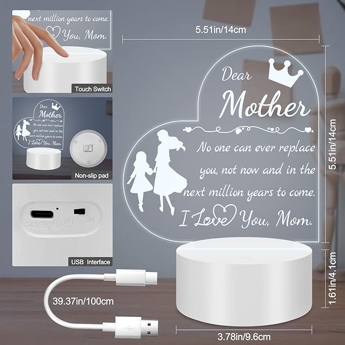 Mom Gift from Daughter Son, Unique Birthday Thanksgiving Christmas Gifts for Mom, Personalized Engraved Acrylic Night Light Mom Gift, Mothers Day Gift Ideas - LeafyLoom