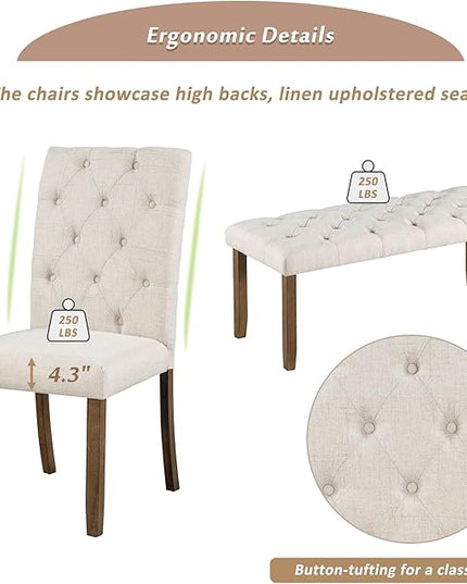 6-Piece Farmhouse Rectangular 72" Wood Dining Table Set with 4 Upholstered Chairs and a Bench, Easy to Assemble, for Kitchen, Home Bar & Living Room, Walnut+Beige - LeafyLoom