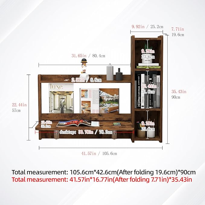 Pmnianhua Farmhouse Floating Desk,41''Wall Mounted Desk,L Shaped Folding Table,Fold Down Laptop Computer Table with Storage for Wall Bedroom Small Space (Rustic Brown-Right) - LeafyLoom