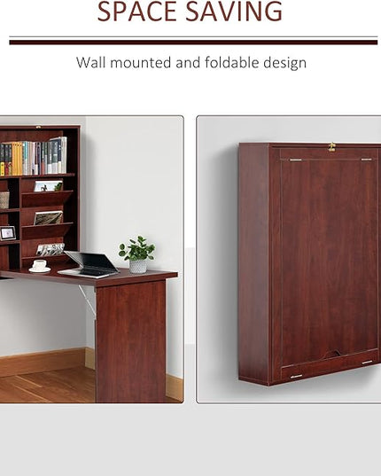 HOMCOM Compact Fold Out Wall Mounted Convertible Desk with Storage, Mahogany - LeafyLoom