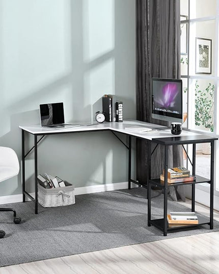 FurnitureR L-Shaped 58.3''Corner Computer Desk with Storage Shelf Long Gaming Desk for Home Office PC Workstation Saving Space Laptop Table (White and Black) - LeafyLoom