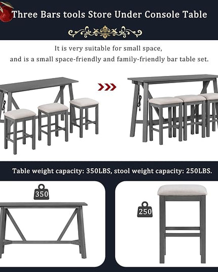 RITSU Multipurpose Set with 3 Upholstered Stools, Easy to Assemble, Table Weight Capacity 350 LBS, for Living, Guest Room, Home Bar, Kitchen, Gray, 3-Piece - LeafyLoom