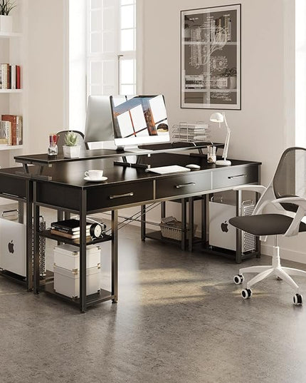 ODK Computer Desk with Drawers and Storage Shelves, 63 inch Home Office desk with Monitor Stand, Modern Work Study writing table Desk for Small Spaces, Black - LeafyLoom