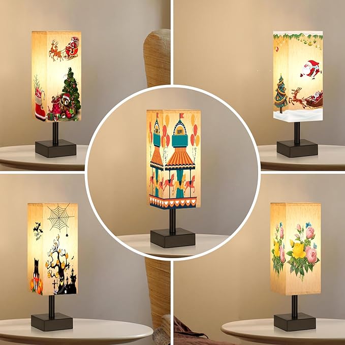 Small Table Lamps Set of 2 - Beige, Minimalist Lamps Set, Square Fabric Shade, for Kids Room Office Dorm, Push Button, Bulb NOT Included - LeafyLoom