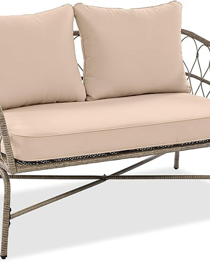Merax Outdoor Patio Furniture Sets, Bohemia-Inspired Wicker Conversation Seating Group, with Soft Cushions and Wood Tabletop, 4 PCS, Beige - LeafyLoom
