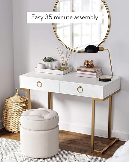 Nathan James Leighton Two-Drawer Writing Glam Accents Brass, Home Office Computer Desk or Vanity Table, 2, White/Gold, Small - LeafyLoom