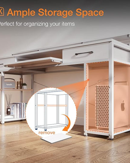 ODK Computer Desk with Drawers & Power Outlet, 63 Inch Office Desk with Keyboard Tray & Storage Shelves & PC Stand, Large Office Table Work Desk with Monitor Stand, White - LeafyLoom