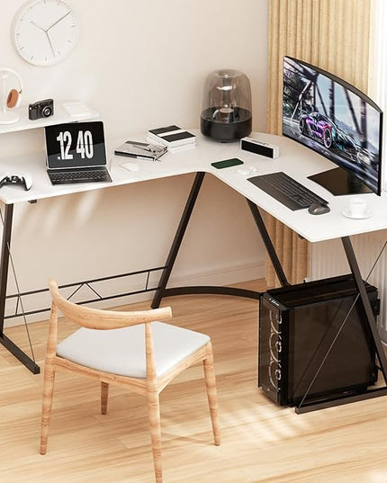 MoNiBloom L Shaped Computer Desk Corner Table with Metal Frame, L Desk Workstation for Home Office, Space-Saving, White - LeafyLoom