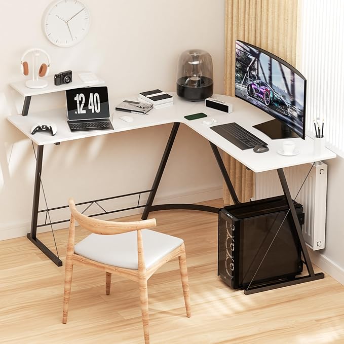 MoNiBloom L Shaped Computer Desk Corner Table with Metal Frame, L Desk Workstation for Home Office, Space-Saving, White - LeafyLoom