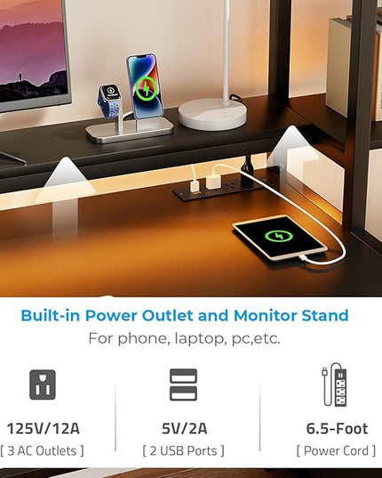 GreenForest Computer Desk with Drawer and Printer Shelf, 68.8 inch Gaming Desk with LED Lights and Power Outlets, Home Office Desk with Storage for Study Writing Working,Black - LeafyLoom