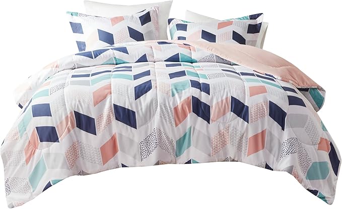 Comfort Spaces Kylar Cozy Comforter Set, Vibrant Chevron Ruching Design with Solid Reverse, All Season Down Alternative Bedding with Matching Sham, Twin/Twin XL (66 in x 90 in), Multi/Blush 2 Piece - LeafyLoom